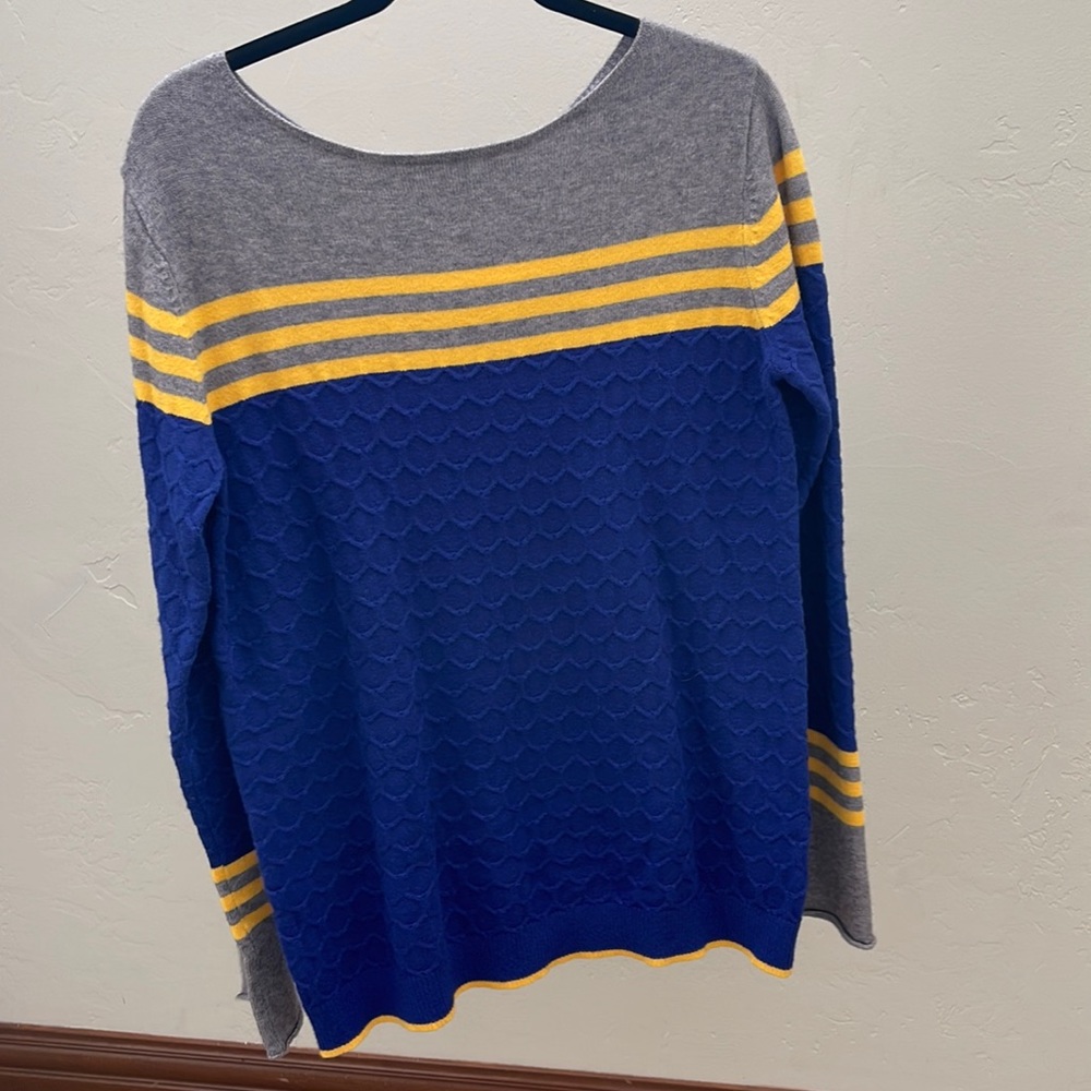 Blue, mustard, and grey stripe sweater bought from Amazon